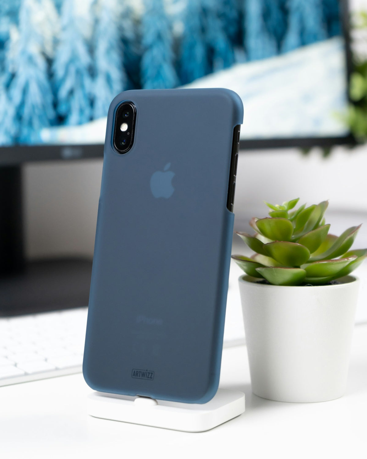 Phone in a blue case beside a succulent