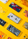 Brightly coloured phone case on a plain background