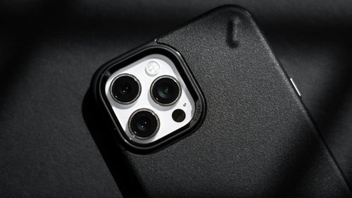 Black and silver phone case, back view