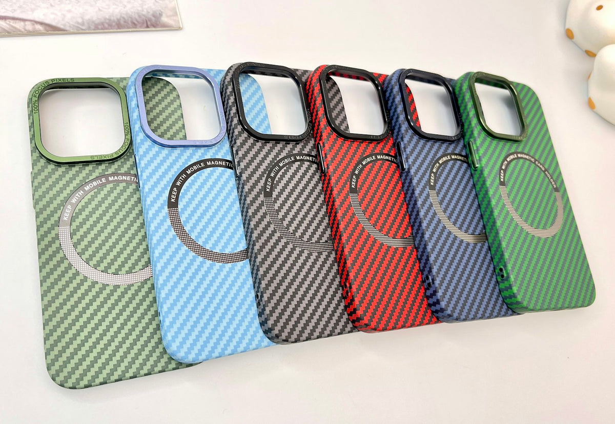 Four cased phones laid out on a table